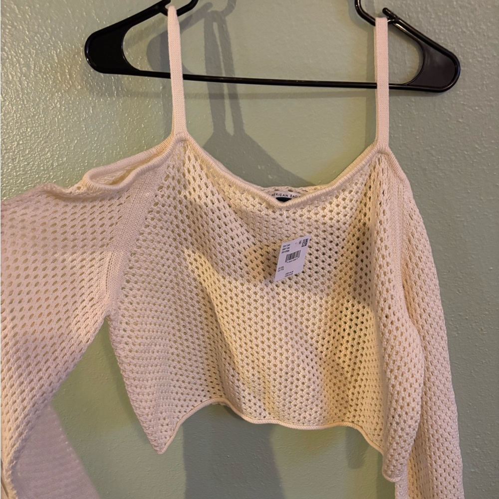 Long sleeved off the shoulder crochet sweater